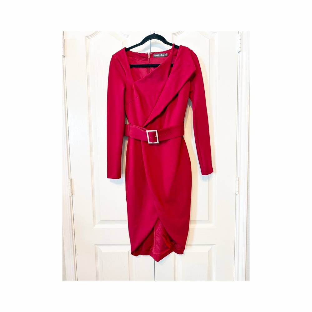Lavish Alice Asymmetric Long Sleeve Ponte Midi Dress in Burgundy Size 4